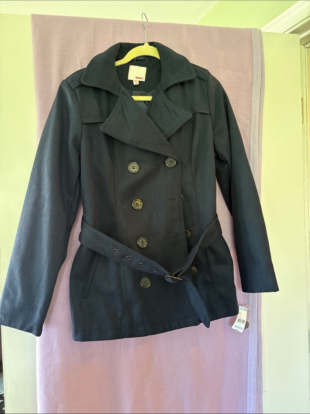 BONGO Navy Double-Breasted Belted Peacoat